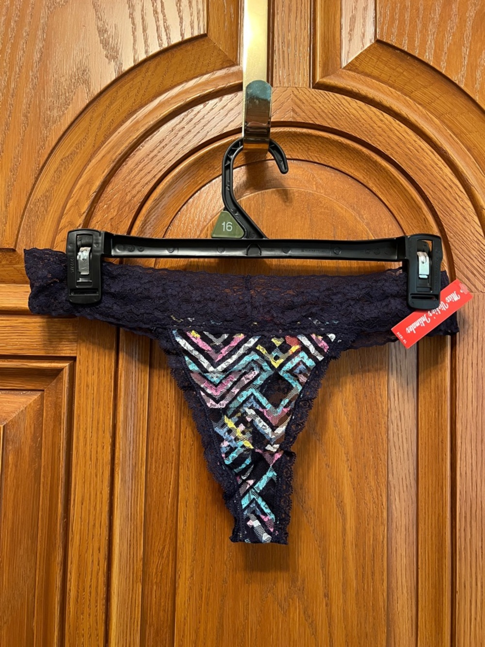 Lace-Trim Thong Panty with Multicolor Geometric Print - Navy
